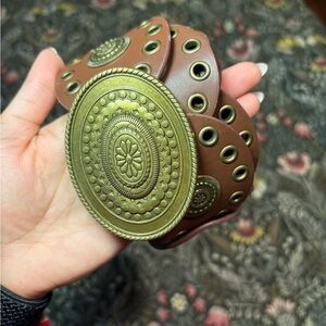 Brown Leather Belt with Antique Brass Oval Medallion